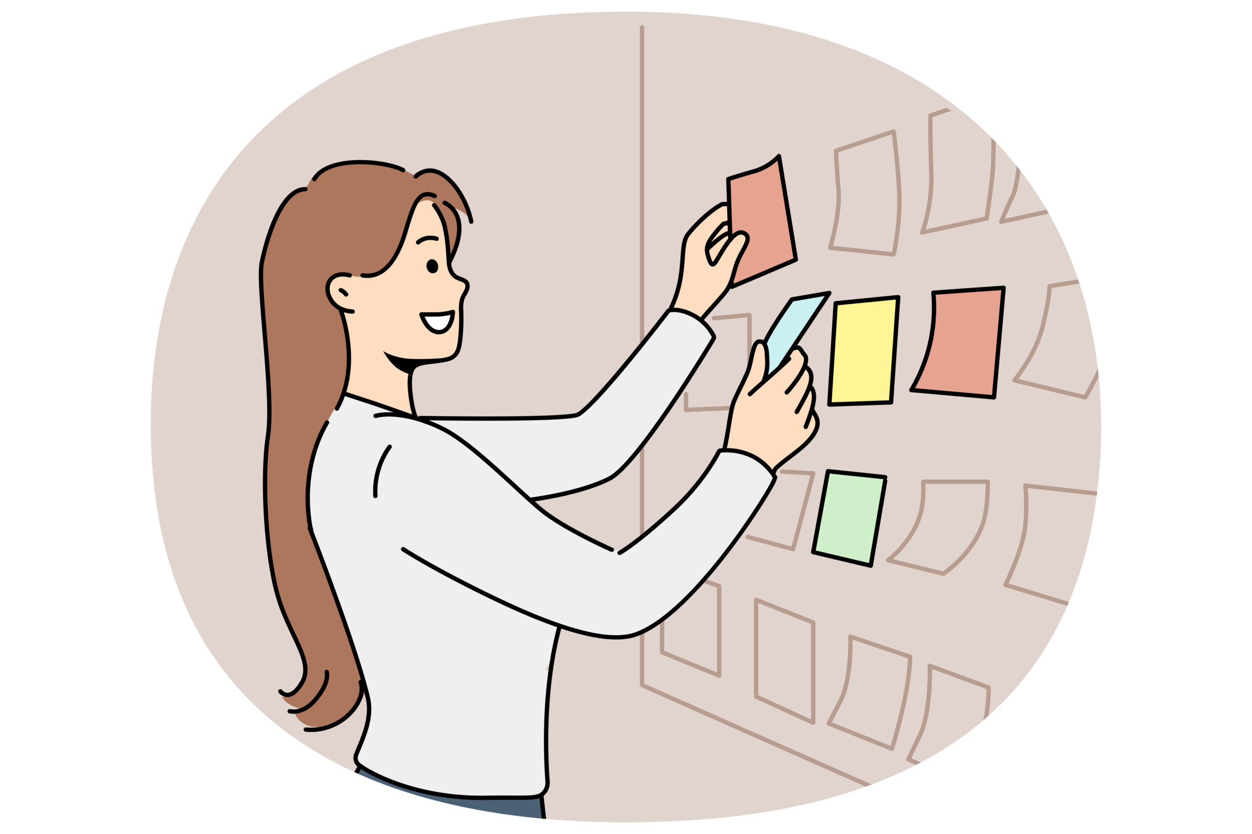 食事準備の工程や選択肢を付箋で整理し、考えを可視化している女性のイラスト