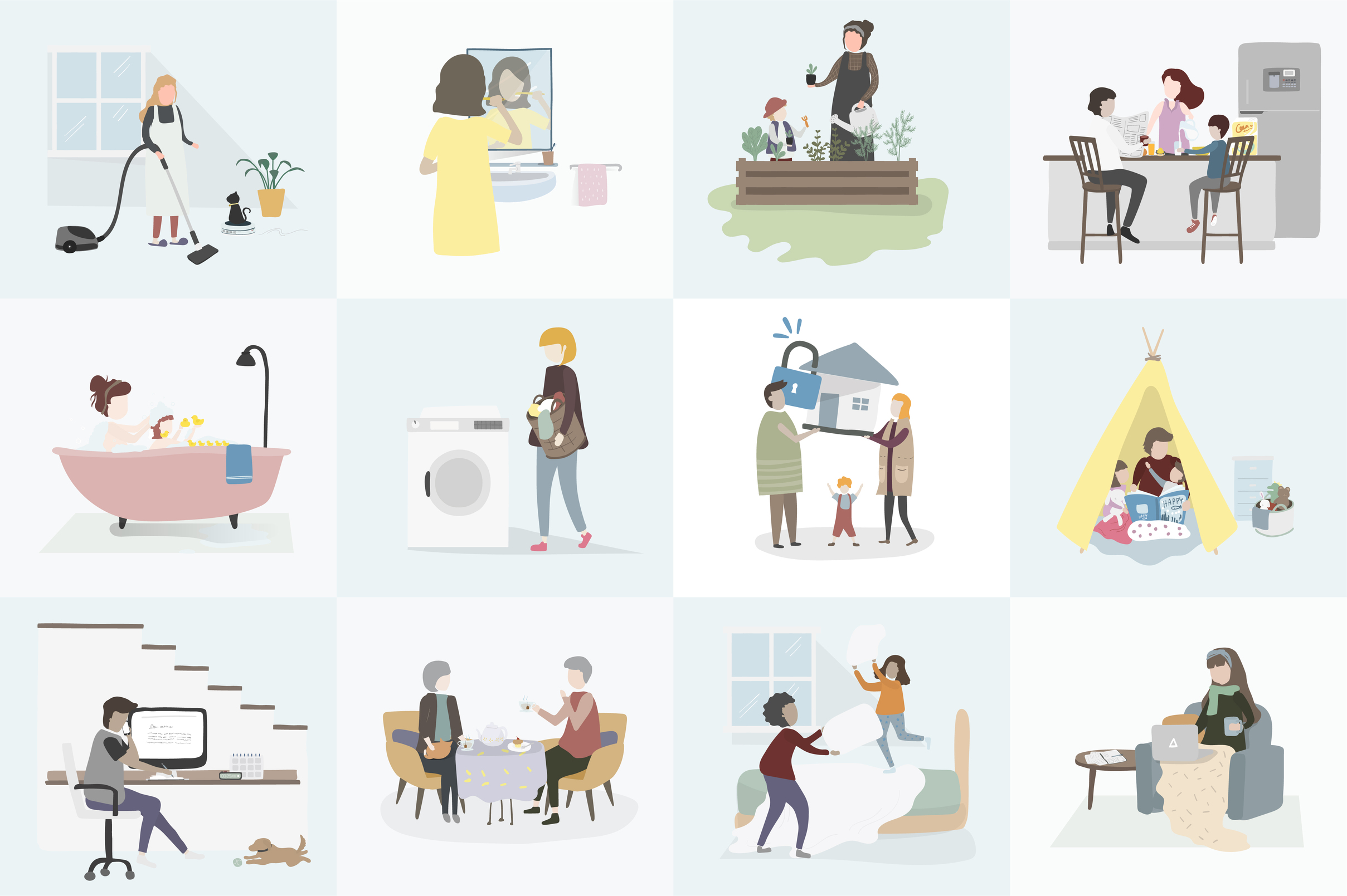 掃除や洗濯、料理、育児などさまざまな家事の場面を表したイラストのコラージュ、生活リズム