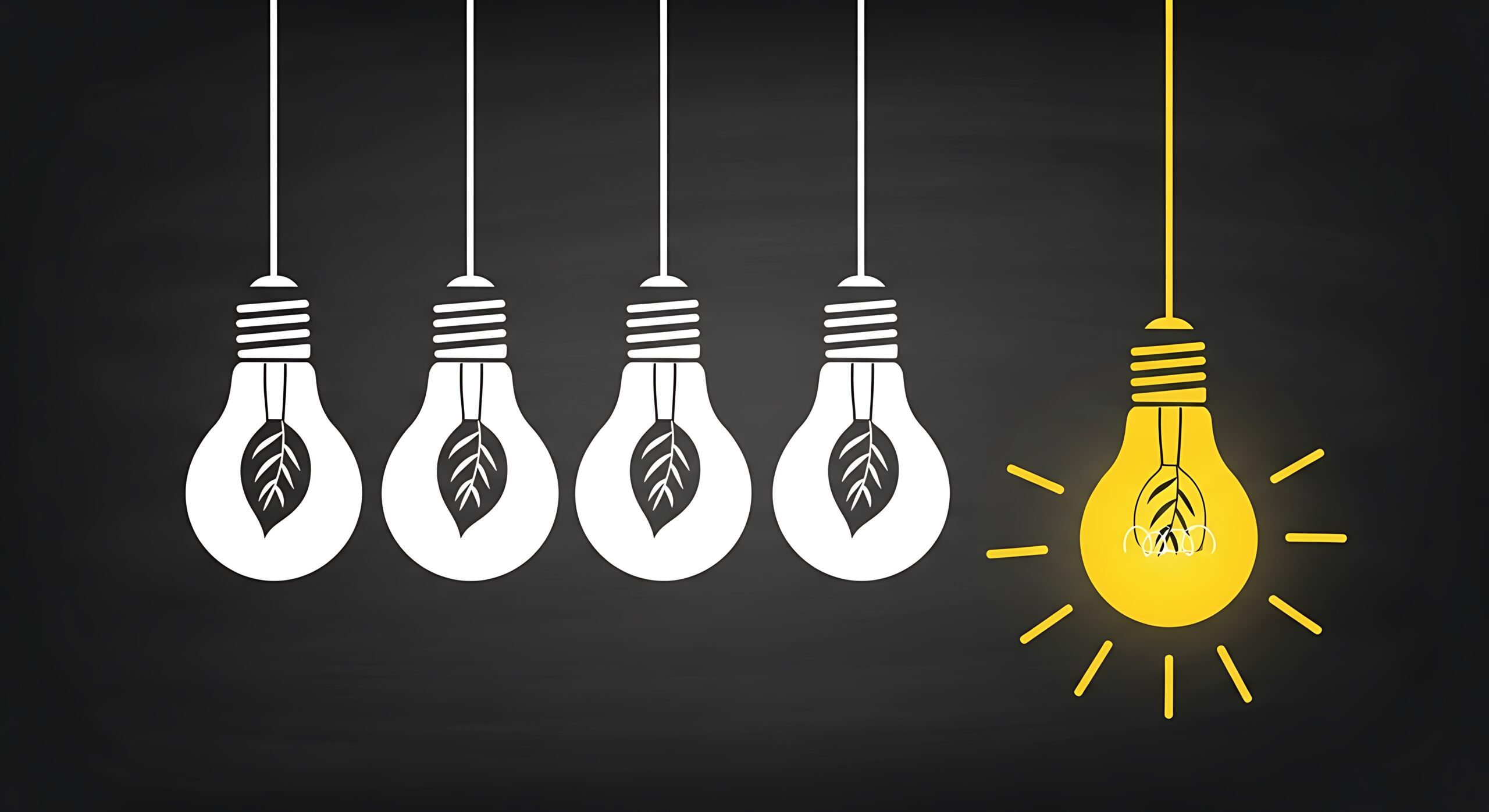 暗い背景に並んだ電球のうち一つだけが黄色く光っているイメージ、違いを表している