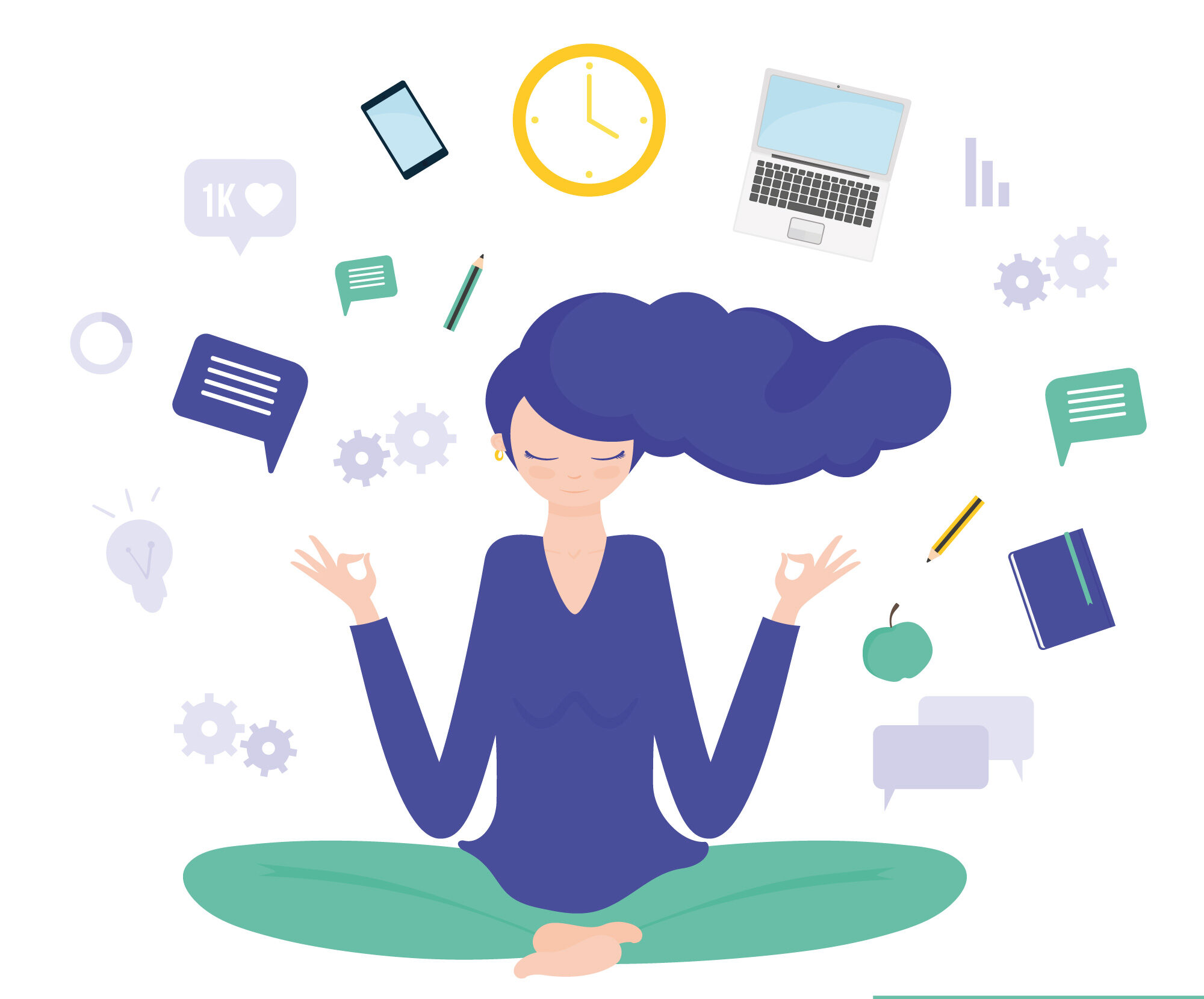 多くのタスクやアイコンに囲まれながら、目を閉じて瞑想する女性のイラスト、考えの柔軟性