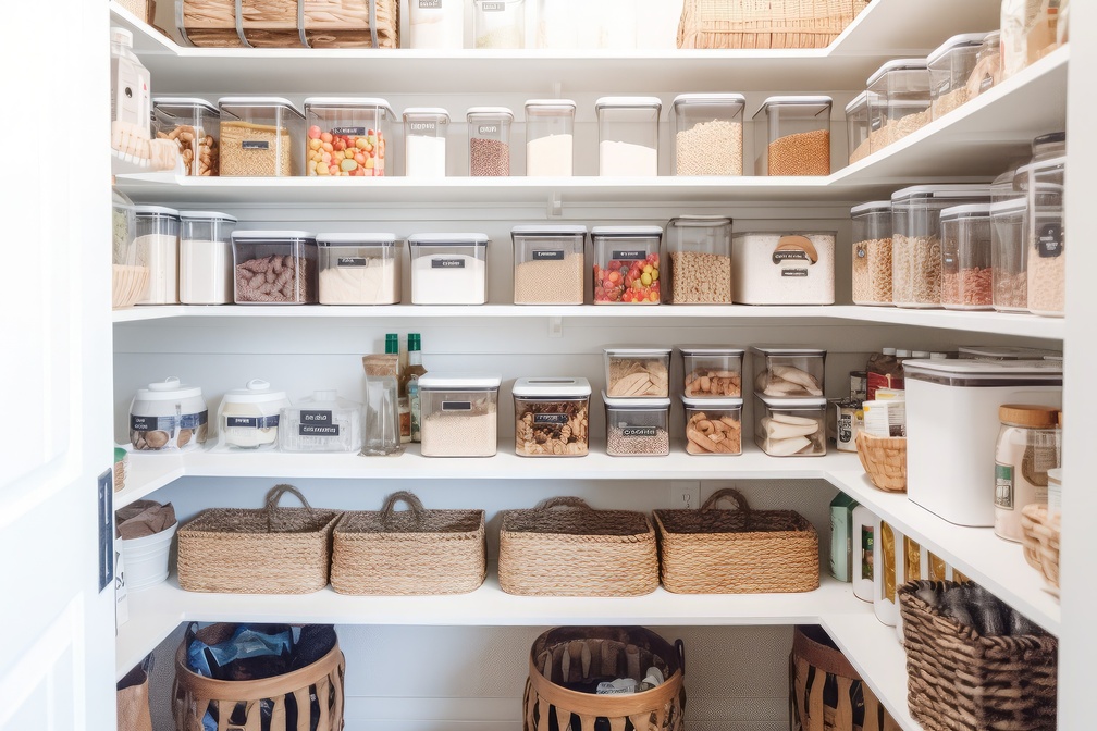透明ケースに入れた乾物や穀類を棚に整然と収納したパントリーの様子