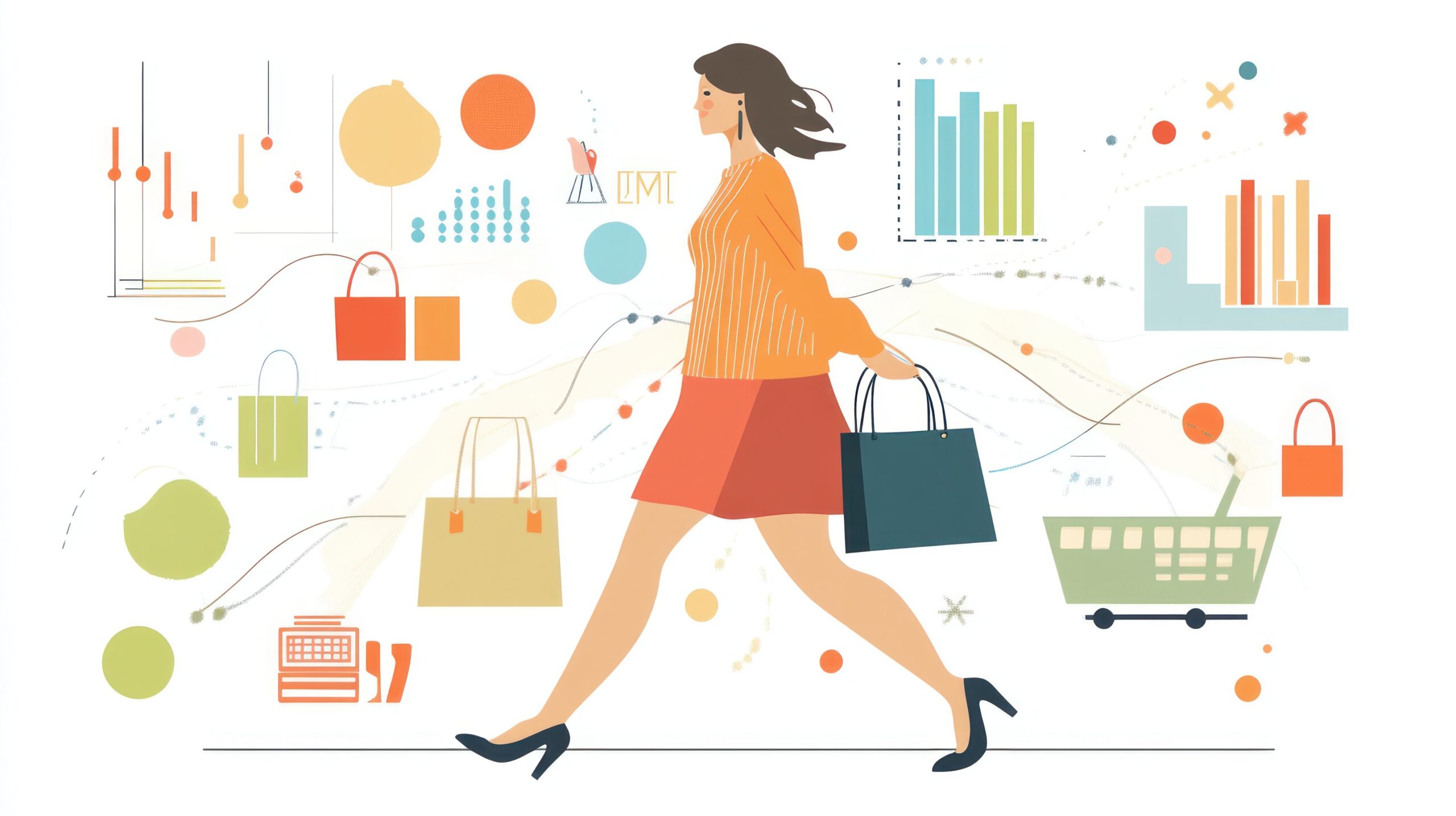 買い物袋を持って歩く女性のイラスト。背景にグラフやアイコンが描かれ、消費データや買い物回数の管理を表現している。