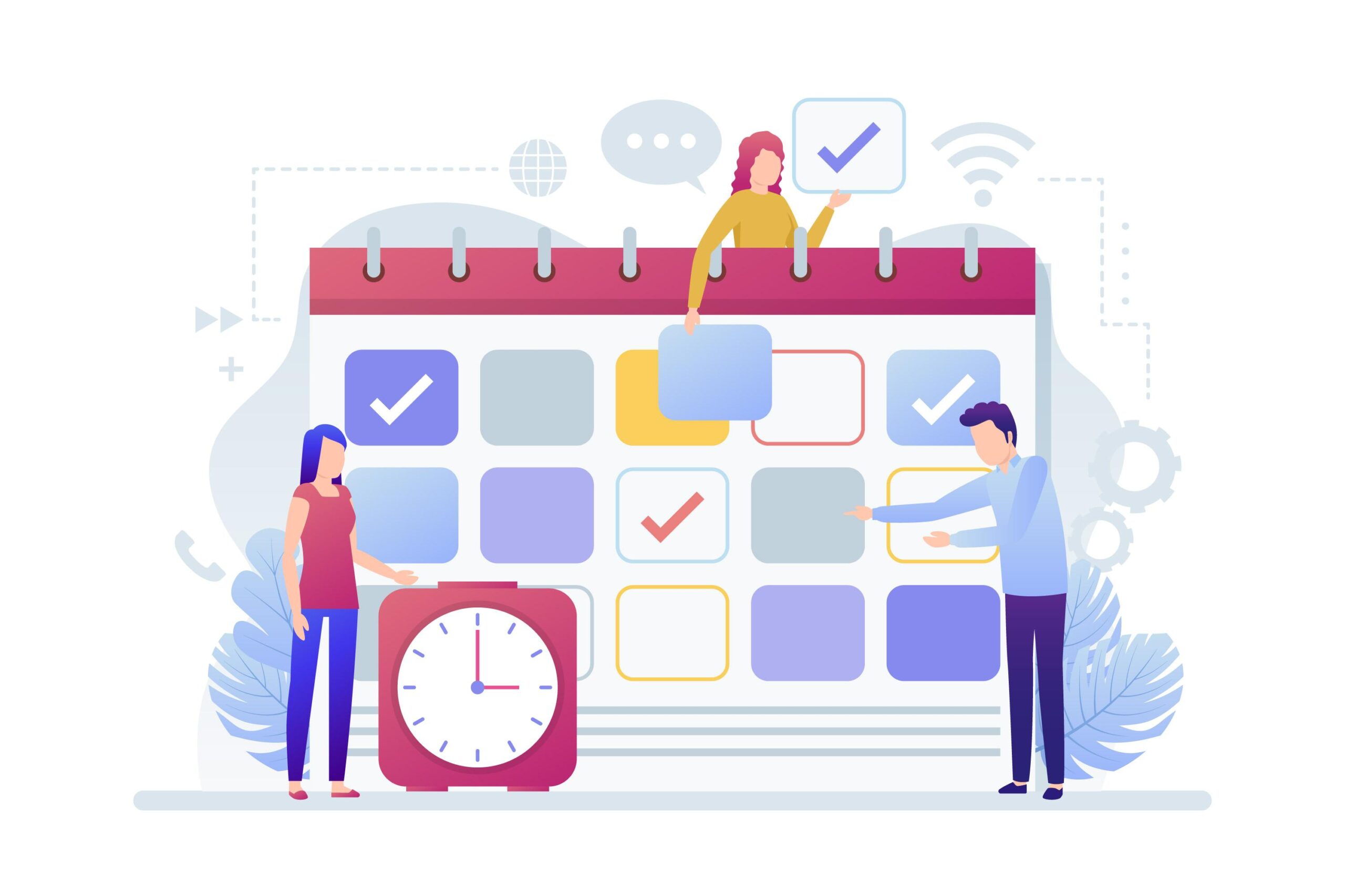 1週間の予定が並ぶ大きなカレンダーの前で、人物がチェックマークを入れながらスケジュールを確認しているイラスト