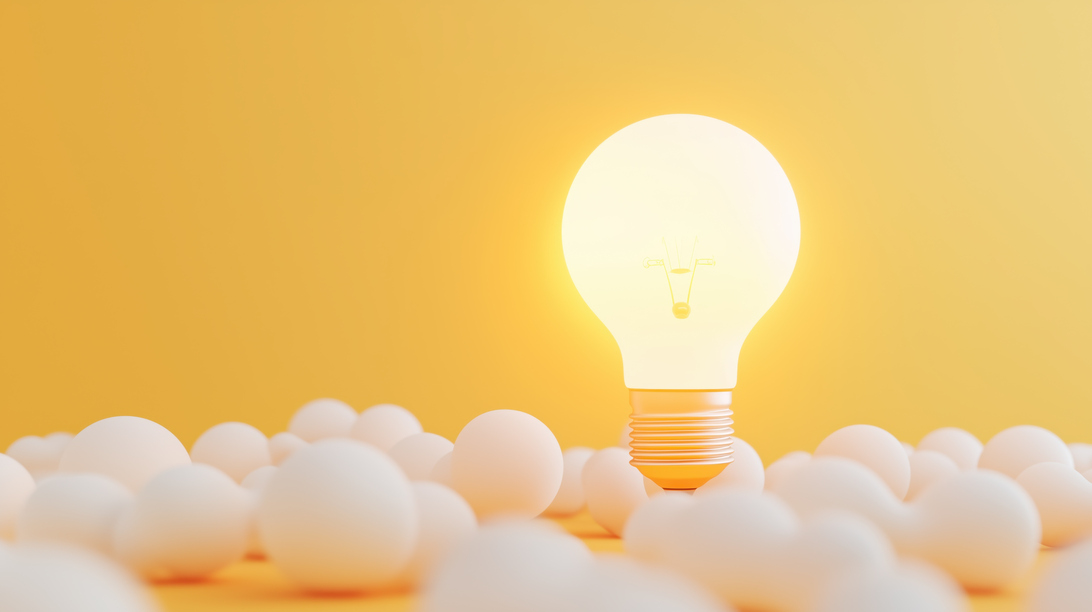 白い球体の中で一つだけ光る電球が浮かび上がるイメージ写真（アイデアやひらめきの象徴）