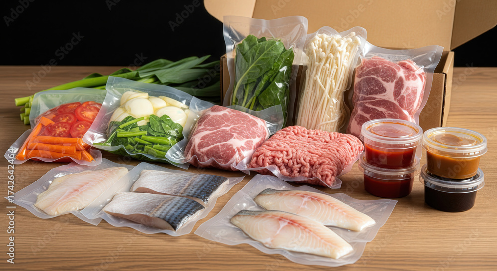 真空パックされた肉や魚、野菜、ソースなどの食材セットがテーブルに並んでいる様子。ミールキットや食材宅配のイメージ。