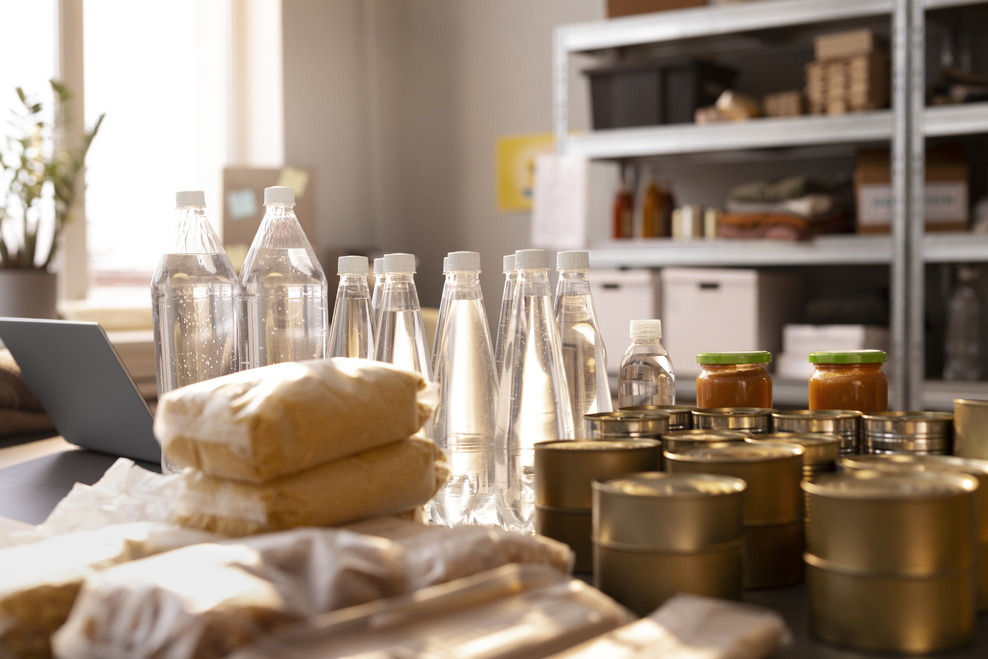 棚のある部屋で、ペットボトルの水や缶詰、レトルト食品などの常温ストックを机の上に並べている様子