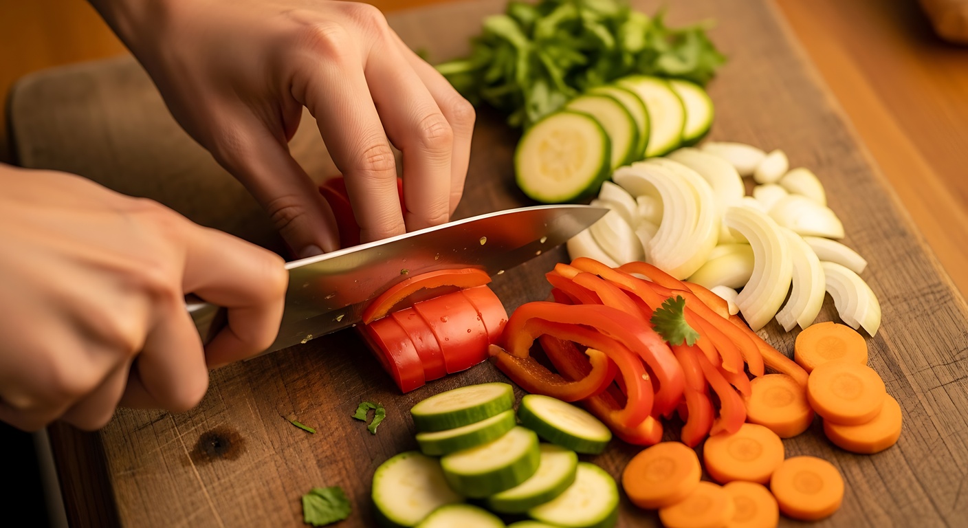 まな板の上でトマトや玉ねぎ、にんじんを包丁で切っている手元の様子、食事準備