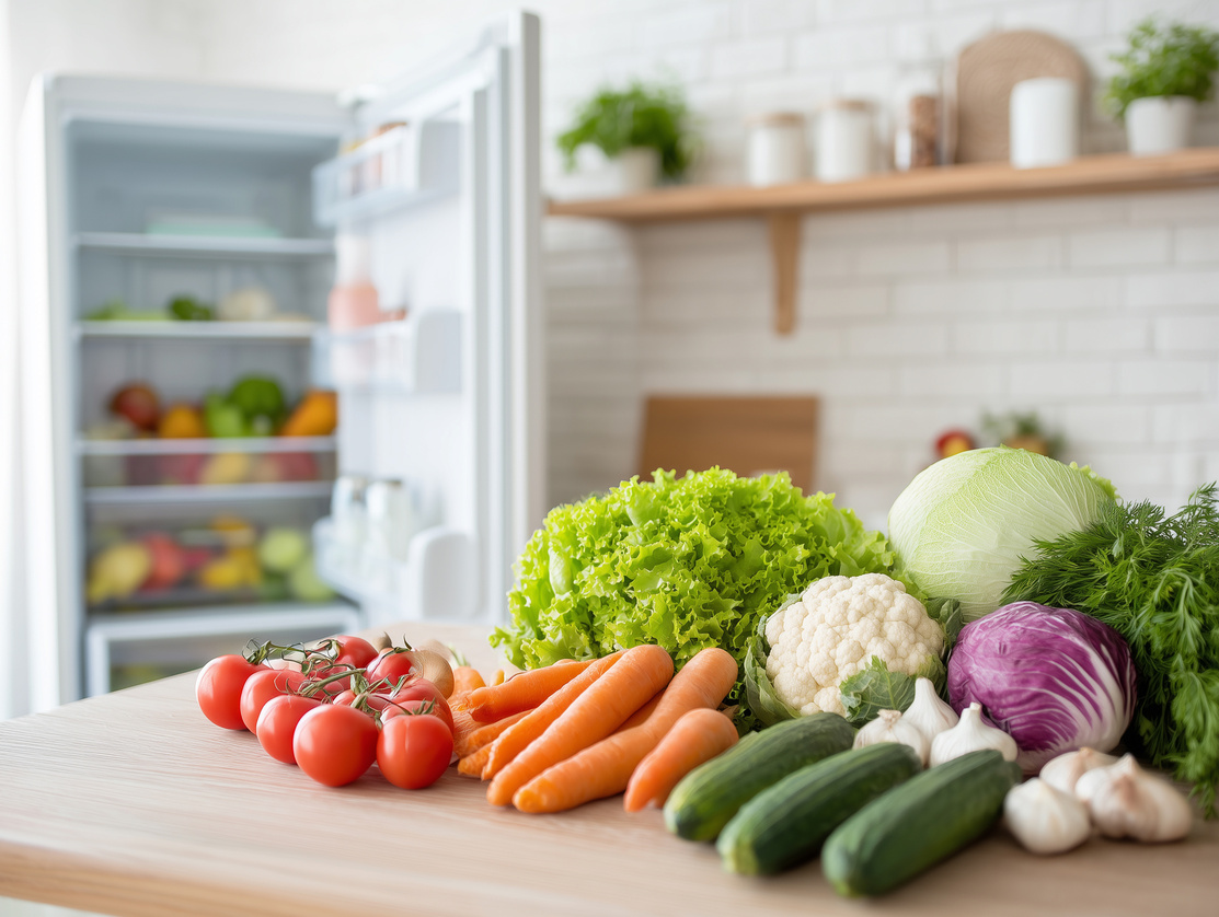 キッチンのテーブルに並べられた新鮮な野菜と、背後に開いた冷蔵庫。まとめ買い後の食材管理や在庫の整え方をイメージした写真。