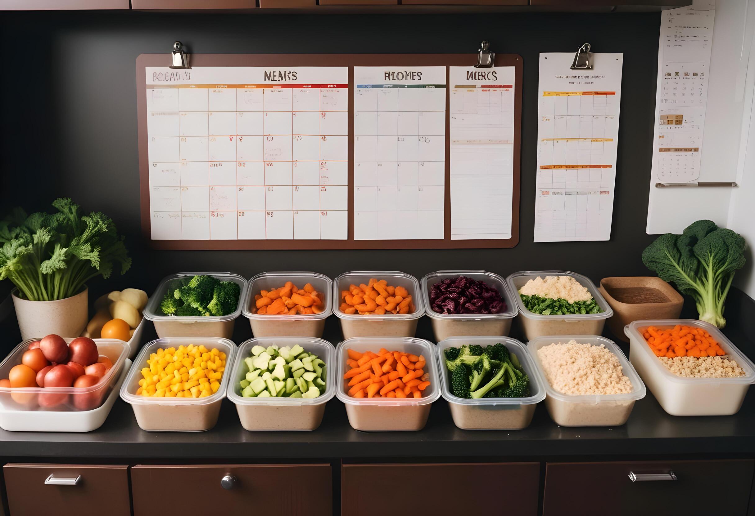 壁に貼られた週間献立カレンダーと、作り置き野菜を保存容器に分けて並べたキッチンカウンター、献立表